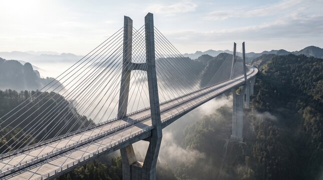 Cable-Stayed Bridge Spanning Mountain Valley with Mist