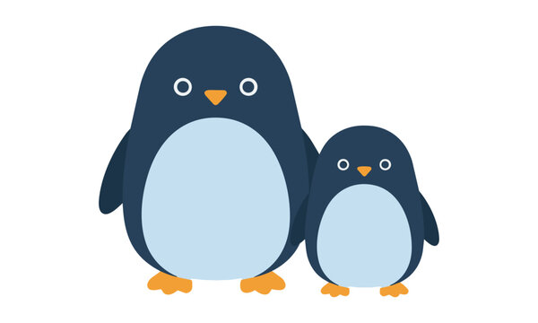 Two cute plump penguins standing together with minimalist geometric shapes and bold flat colors on a white background nature and friendship concept