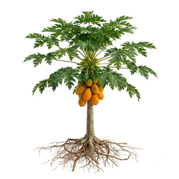 Papaya tree, mature fruiting tree bearing clusters of ripe orange papayas, exposed visible roots, 11 ratio, isolated on seamless pure white background, centered composition