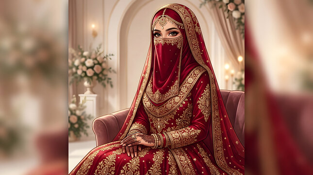 Elegant Muslim bride in red niqab and gold embroidered lehenga, beautiful Islamic wedding portrait, traditional bridal fashion with floral background