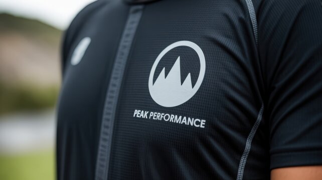 Close up of a black athletic t-shirt featuring a white mountain peak logo and performance text
