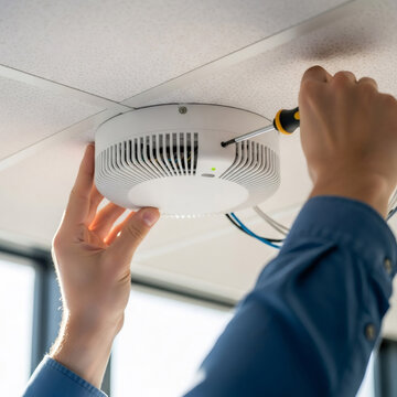 Technician installing wireless access point on office ceiling. Professional worker mounting network router with screwdriver. Connectivity, smart building infrastructure and maintenance concept.