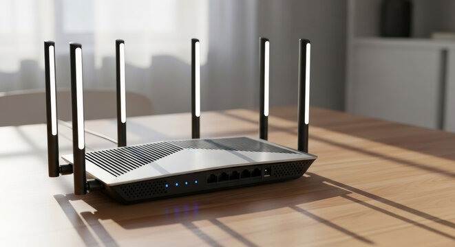 Modern wireless internet router with multiple antennas sitting on a wooden table. High speed Wi-Fi networking device for smart home connectivity and digital data communication technology.