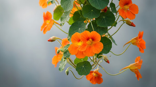 Vibrant orange nasturtium flowers with green round leaves, blooming tropaeolum majus plant on soft gray background, edible garden floral botanical