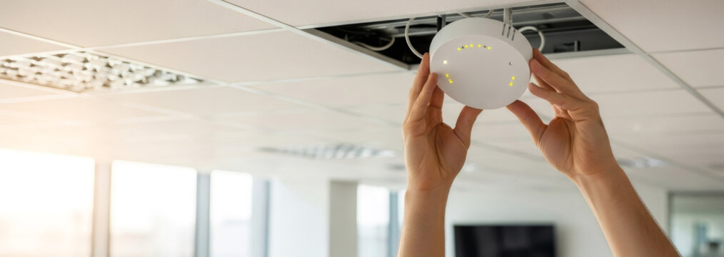 Technician installing wireless access point on office ceiling. Professional man mounting network device for high speed internet connection. Banner with copy space