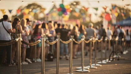 Naklejka na ściany i meble Festival day ticket queue where stanchions in perfect focus guide the line contrasting with the joyous motionblurred crowd and festive decorations softly in the background.