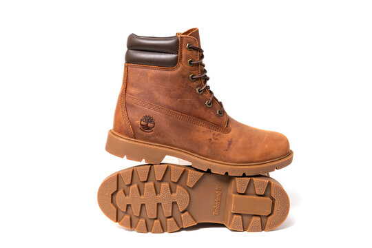 Timberland leather boot and rubber outsole demonstrate profile and traction design.