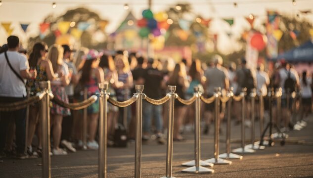 Festival day ticket queue where stanchions in perfect focus guide the line contrasting with the joyous motionblurred crowd and festive decorations softly in the background.
