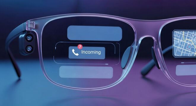 Augmented reality glasses displaying incoming call notification and digital map navigation. Futuristic smart eyewear technology for hands free communication and data visualization concept.