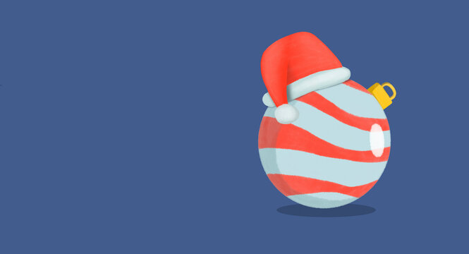 Festive red and white striped christmas ornament wearing a red santa hat on a dark blue background
