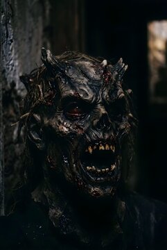Horned demon monster with glowing red eyes, sharp fangs and dark background