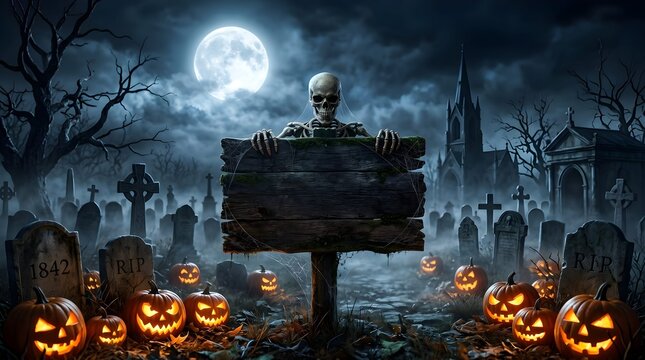 Haunted halloween cemetery with skeleton behind wooden sign and glowing carved pumpkins