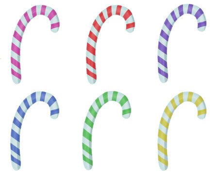 Set of colorful striped candy cane Christmas decorations isolated on white background