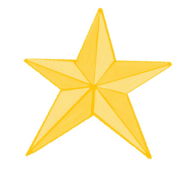 Bright yellow five pointed golden star Christmas tree topper isolated on white background