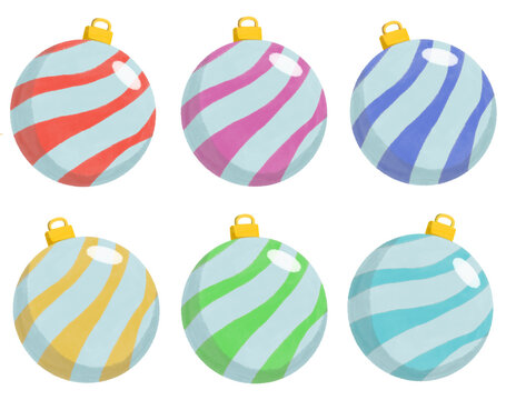 Collection of colorful pastel Christmas ball ornaments with diagonal stripes isolated on white background