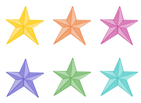 Set of six colorful five pointed star Christmas ornaments isolated on white background