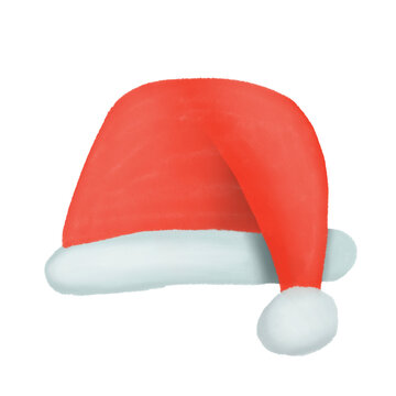 Traditional red Santa Claus hat with white fluffy pompom isolated on white background