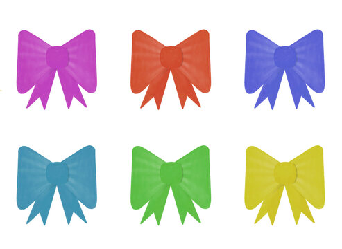 Set of six colorful festive gift ribbon bows in purple red blue green and yellow isolated on a white background