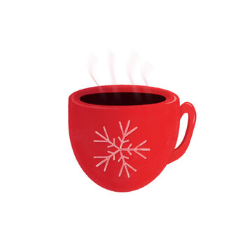 Steaming red mug of hot chocolate or coffee decorated with a pink snowflake isolated on a white background
