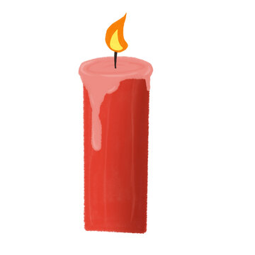 Single burning red christmas candle with dripping pink wax and a bright flame isolated on a white background