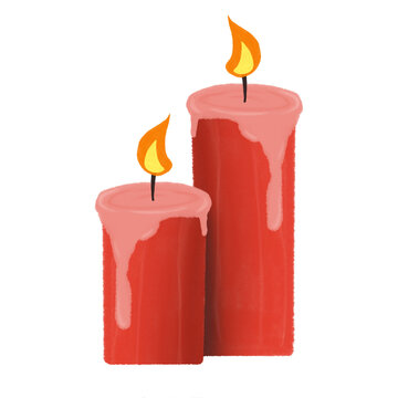 Pair of burning red christmas candles of different heights with dripping pink wax isolated on a white background