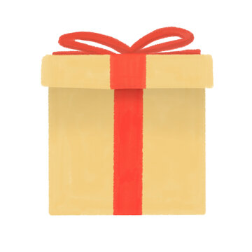Yellow gift box wrapped with a festive red ribbon bow isolated on a white background