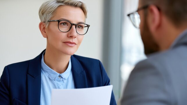 Professional woman with short blonde hair and glasses conducts an interview while holding a document, seated across from a man in a gray suit in a modern office setting