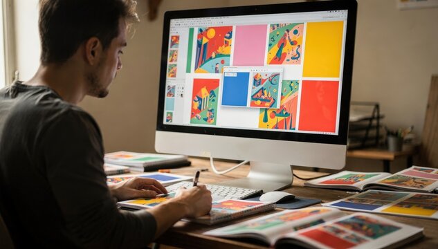 Focused medium shot of an artist tweaking colorful illustrations and text blocks on a screen with various blurred illustrated book proofs scattered close by.