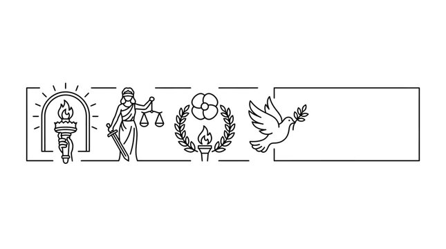 Minimalist line art icons depicting justice peace and enlightenment