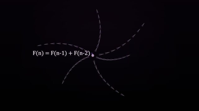 Fibonacci Sequence Formula Fn = Fn-1 + Fn-2 Visualized with Glowing Pink Spiral and Math Equations on Dark Background