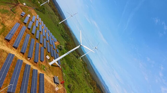 Dutch angle aerial view of solar panels and wind turbines. Solar arrays and wind power generators on green field, diagonal composition under sky.