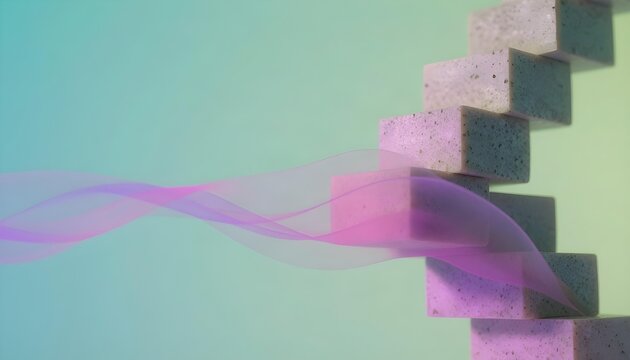 Abstract gradient background with textured cubes forming stairs and flowing fabric