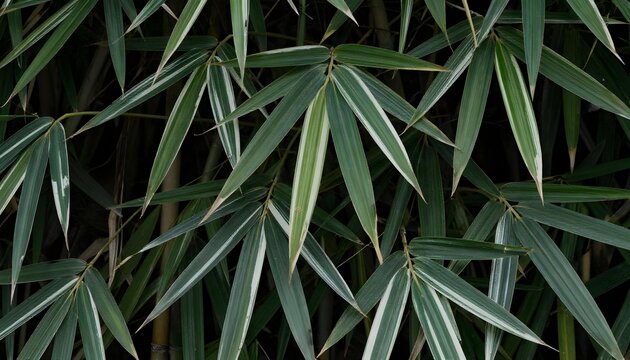 Close-up low angle shot of dense bamboo leaves with striking white variegation