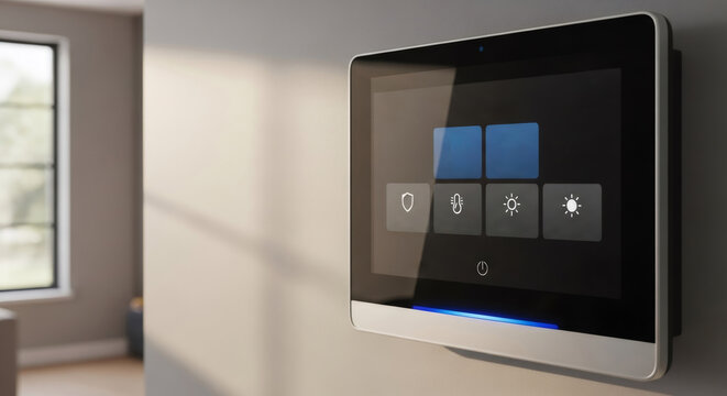 Smart home control panel mounted on wall for home automation. Digital touch screen interface for climate lighting and security management. Modern house connectivity IoT technology.