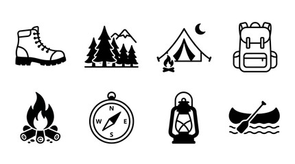 Obraz premium Minimalist outdoor camping icons including hiking gear, tent, campfire, compass, and canoe symbols