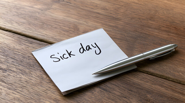 A sick leave note laid on a wooden desk alongside a pen
