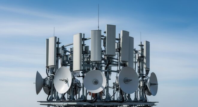 Telecommunication tower with antennas and satellite dish arrays for signal transmission. Networking infrastructure for cellular and wireless data connection and global broad band coverage.