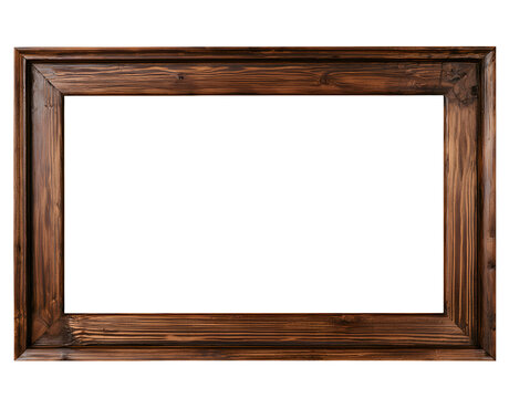 Vintage rectangular wooden picture frame isolated on transparent background (png). Antique dark brown wood landscape poster frame template mockup with realistic grain and cutout center.