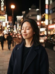 Obraz premium Woman with closed eyes smiling softly amidst vibrant city nightlife illuminated by colorful neon lights with surrounded bright neon signs bustling pedestrians