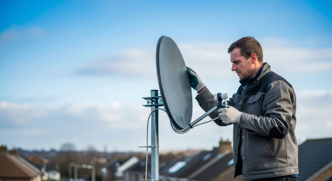 Technician installing television satellite dish on roof. Man mounting internet receiver for digital communication and broadcast signal. Professional maintenance service for smart home system.