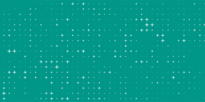 Seamless background pattern of evenly spaced white plus symbols of different sizes and opacity. Vector illustration on teal background with stars