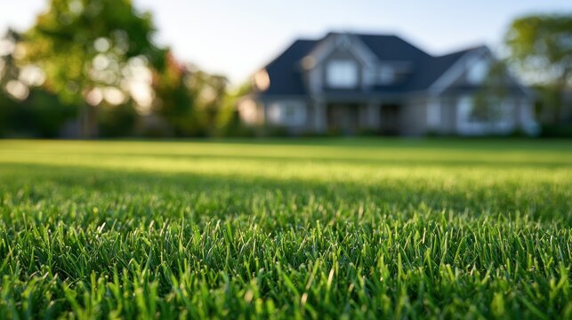 Lush green lawn in front of a modern house at sunset. Ideal for real estate and home improvement.