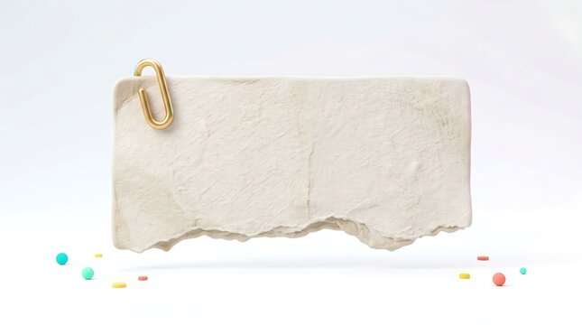 Torn Paper with Gold Paperclip Mockup, Blank Textured Card with Copy Space Isolated on White Background