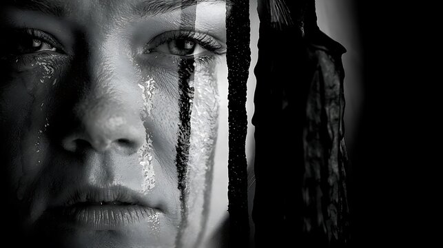Prompt: A haunting close-up portrait. A double exposure of a model's face with a tearful, numb expression and a heavy black candle slowly melting down, with dark wax drips cutting across her 