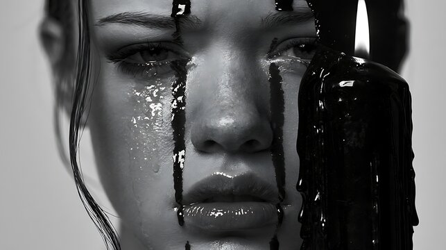 Prompt: A haunting close-up portrait. A double exposure of a model's face with a tearful, numb expression and a heavy black candle slowly melting down, with dark wax drips cutting across her 