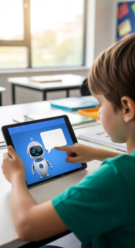 Child interacting with artificial intelligence assistant on tablet screen. Boy using digital chat bot application for education. Innovative learning with electronic device and robot.