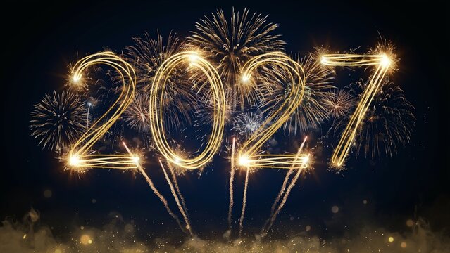 happy new year, new year's eve, silvester, new years eve, sparklers celebration greeting card, new year card - Year 2027 in sparkler font and firework fireworks pyrotechnic, blue night sky background