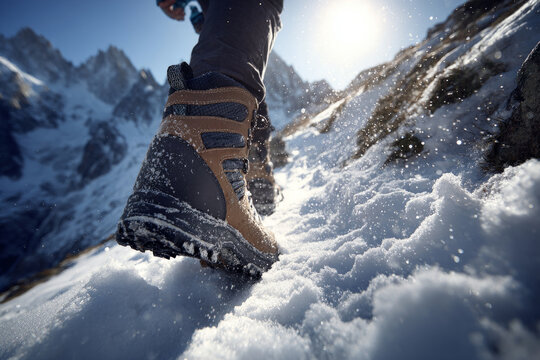 Ruhhed hiking boots on a snowy mountain trail, emphasizing grip, durability, and adventure in an alpine outdore setting.