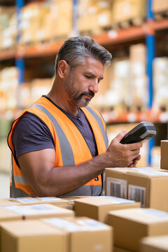 A vertical shot of a middle-aged worker scanning warehouse boxes with a barcode reader, managing inventory and order tracking. Useful for logistics, retail operations, and supply chain management