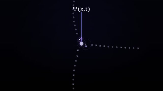 Quantum Wave Function Psi(x,t) Formula Visualized with Glowing Physics Particles and Mathematical Equations on Dark Background